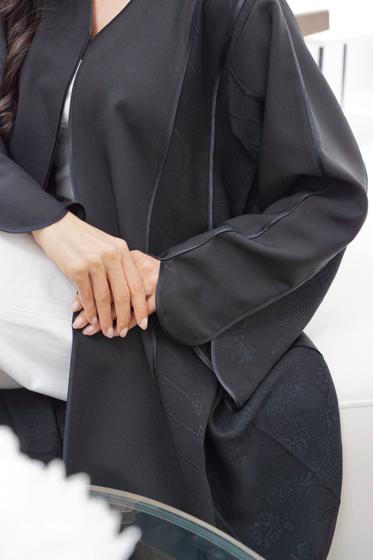Black Textured Open-Front Abaya
