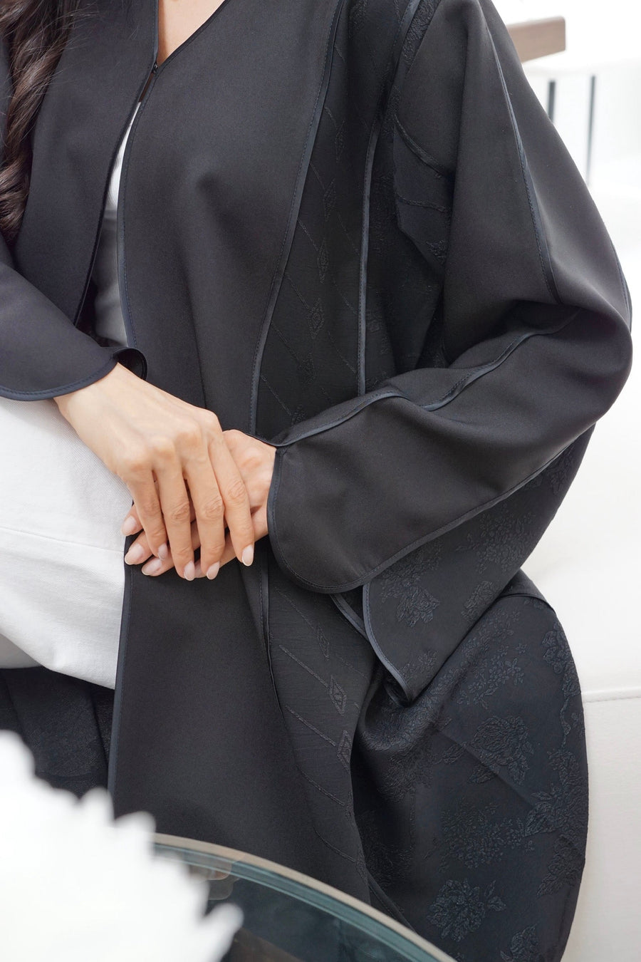 Black Textured Open-Front Abaya