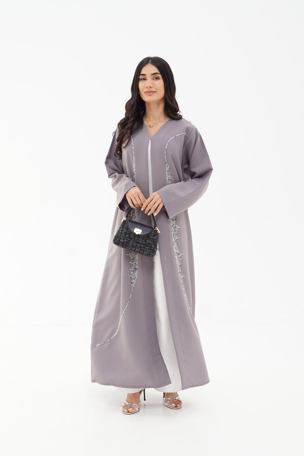 Grey Crystal-Trim Open-Front Abaya