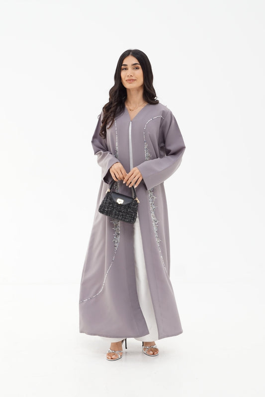 Grey Crystal-Trim Open-Front Abaya