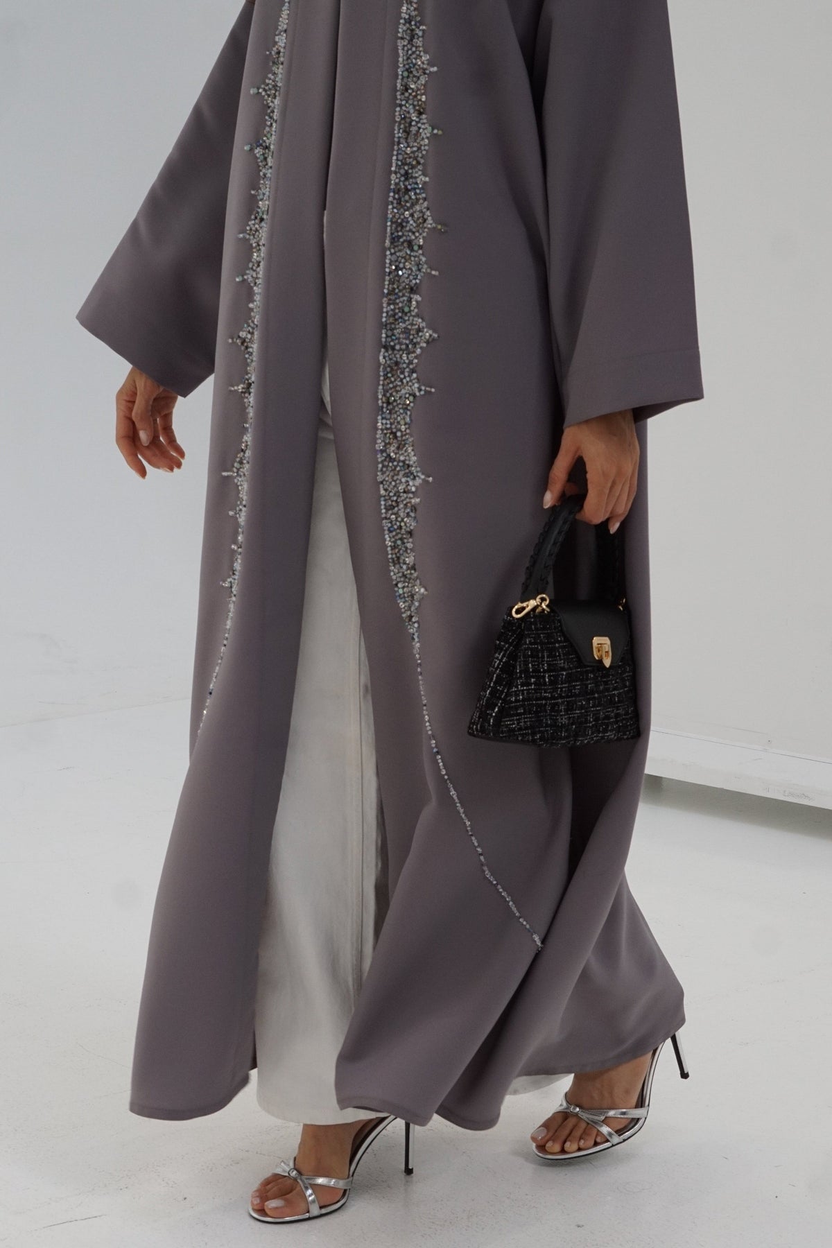 Grey Crystal-Trim Open-Front Abaya
