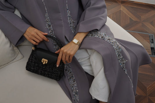 Grey Crystal-Trim Open-Front Abaya