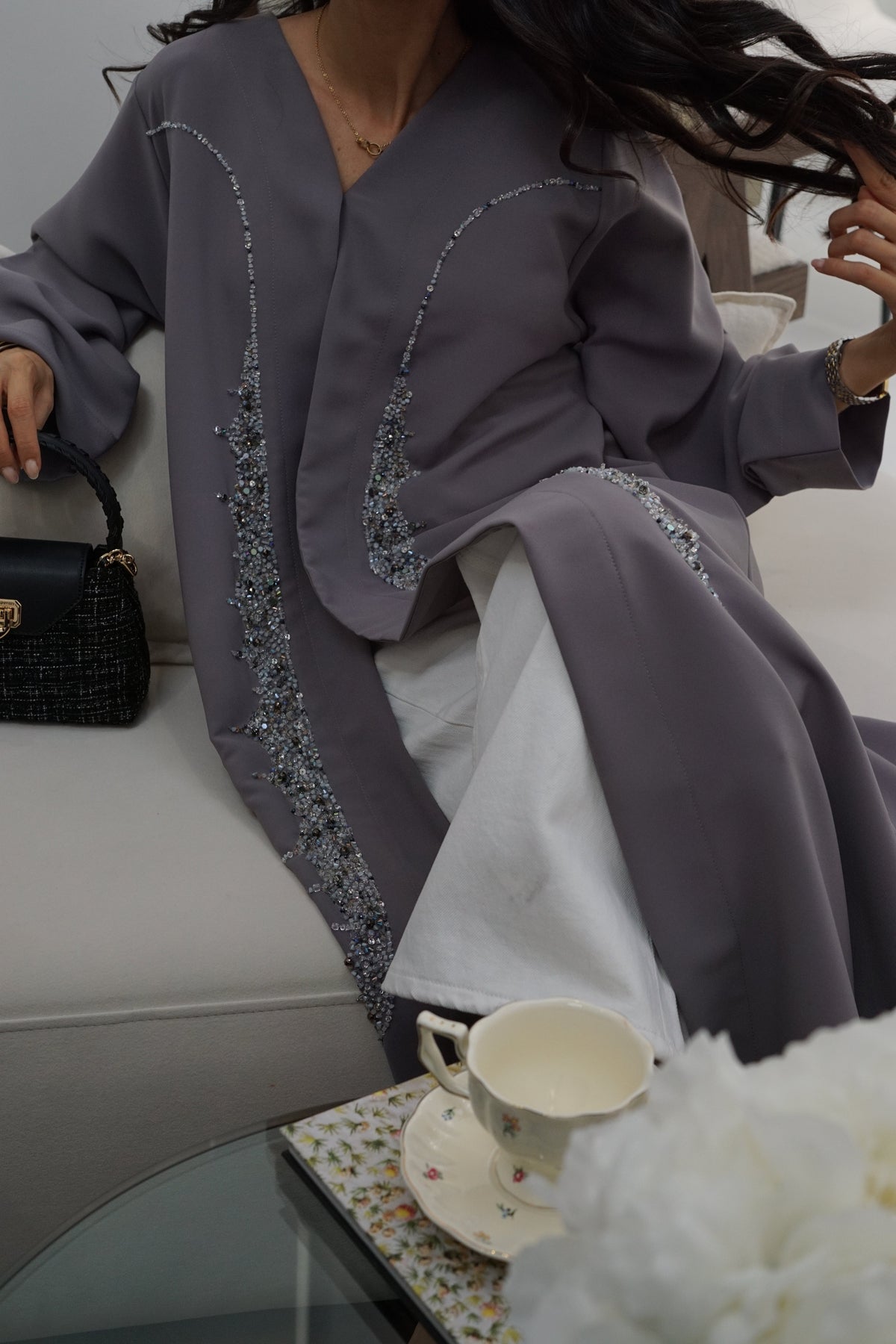 Grey Crystal-Trim Open-Front Abaya
