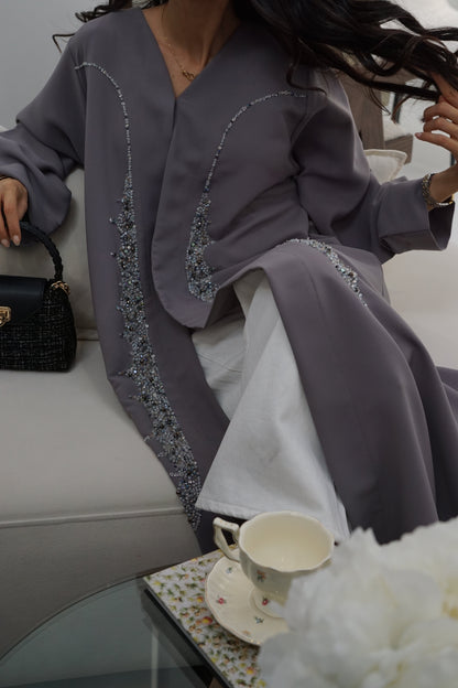 Grey Crystal-Trim Open-Front Abaya