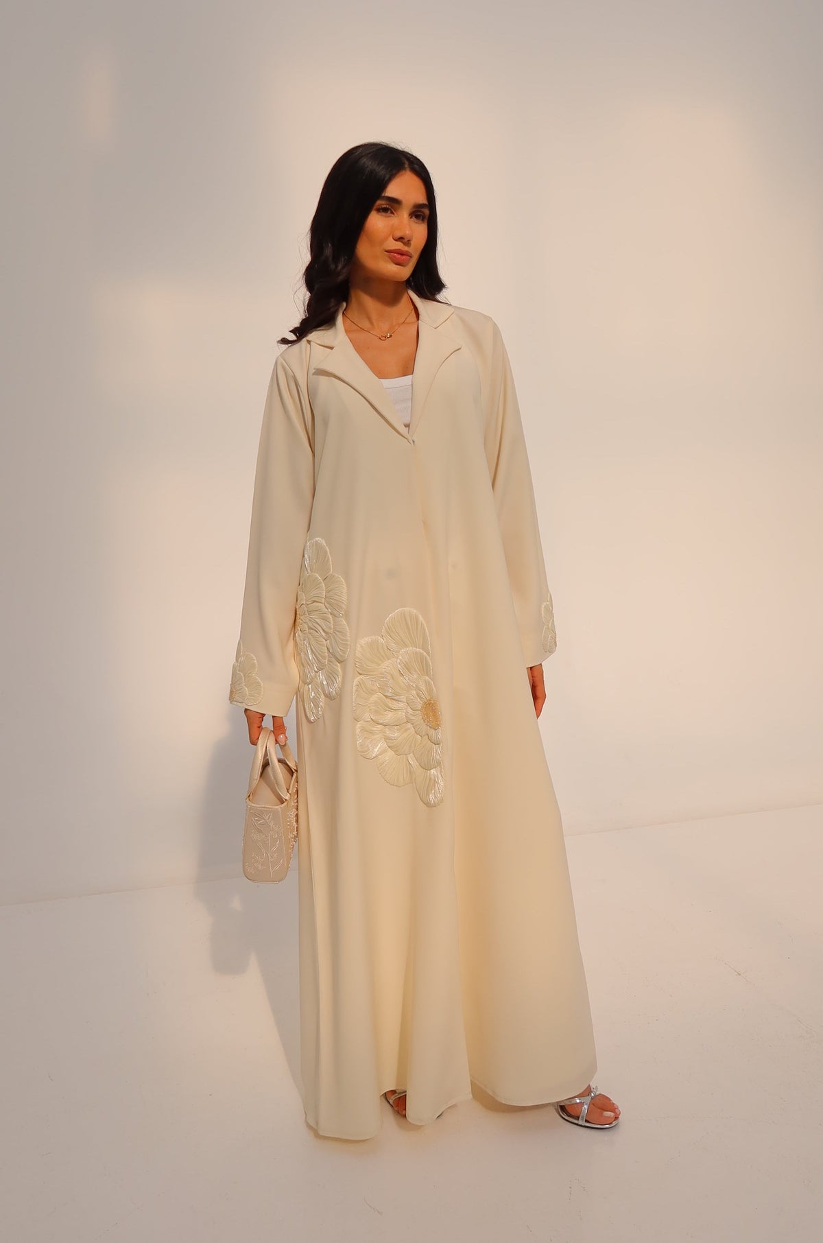 Cream Floral Open-Front Abaya