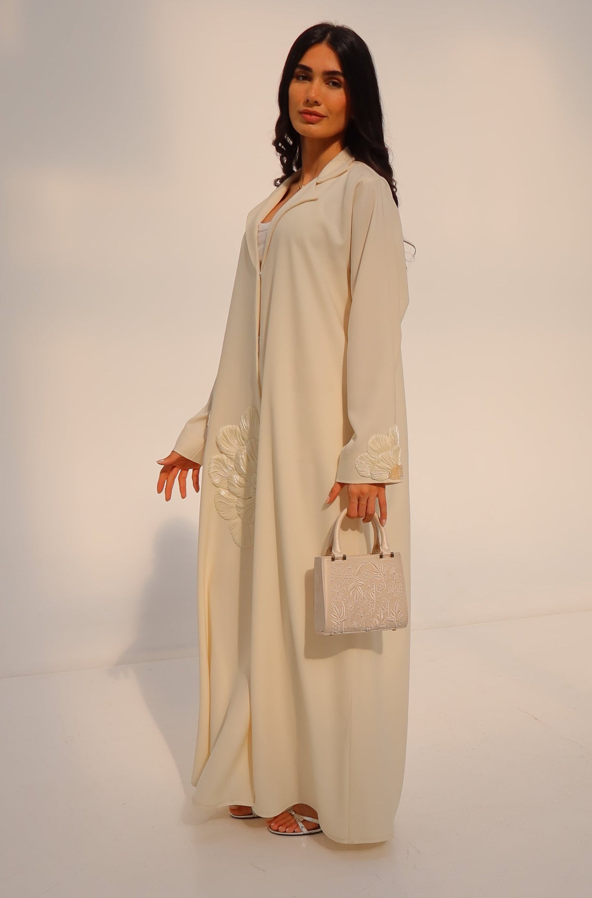 Cream Floral Open-Front Abaya