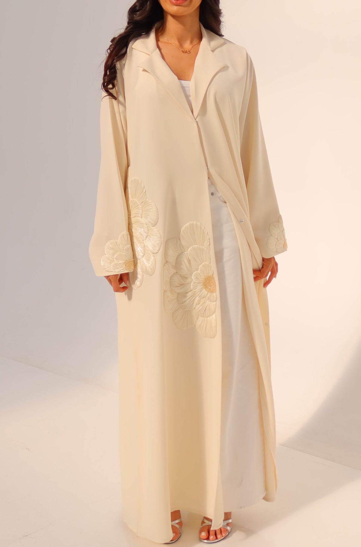 Cream Floral Open-Front Abaya