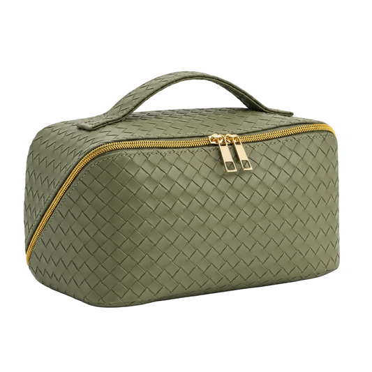 Green Travel Cosmetic Bag — Wide-Open Makeup Organiser